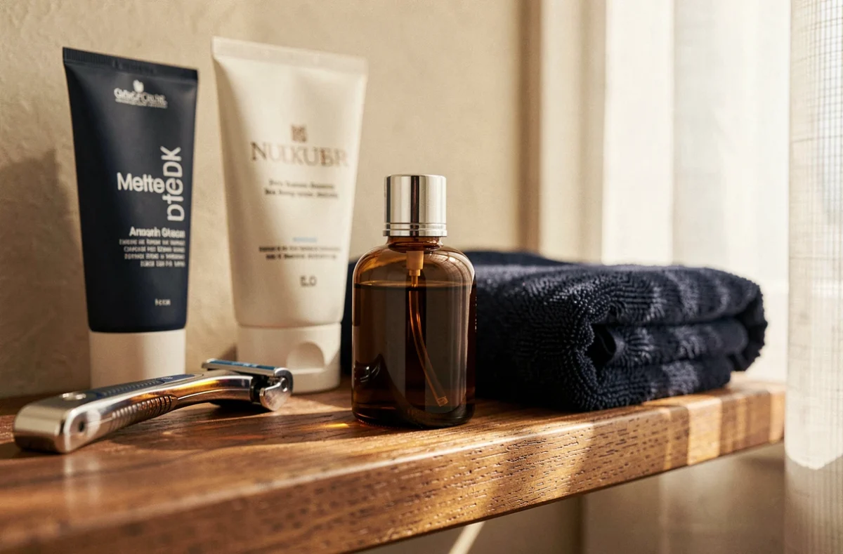 Flacon de parfum masculin accessible posé sur une étagère en bois avec des accessoires de toilette du quotidien, style lifestyle minimaliste