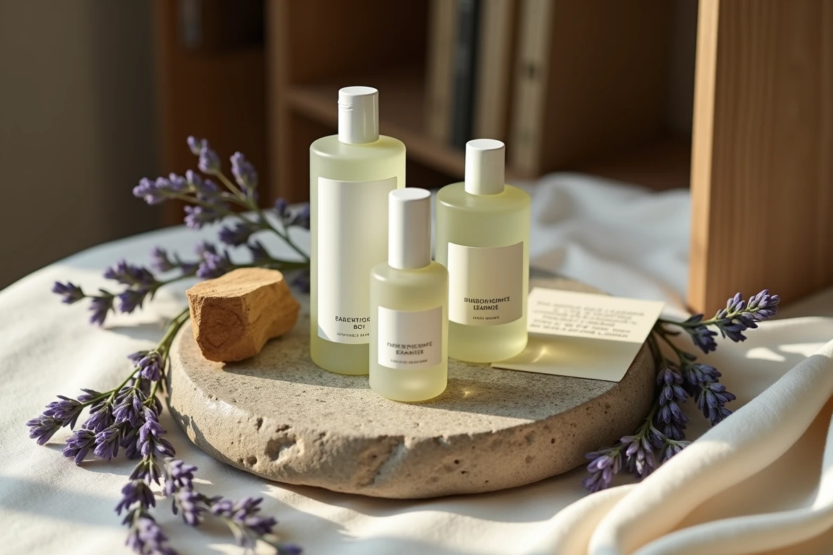 Flacons de parfum minimalistes disposés sur une surface en pierre avec des ingrédients botaniques naturels