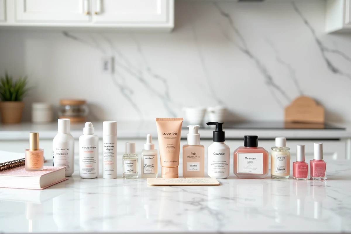 Flat lay de douze mois de produits beauté d'un abonnement box cosmétiques arrangés sur un comptoir en marbre blanc avec un journal de bord