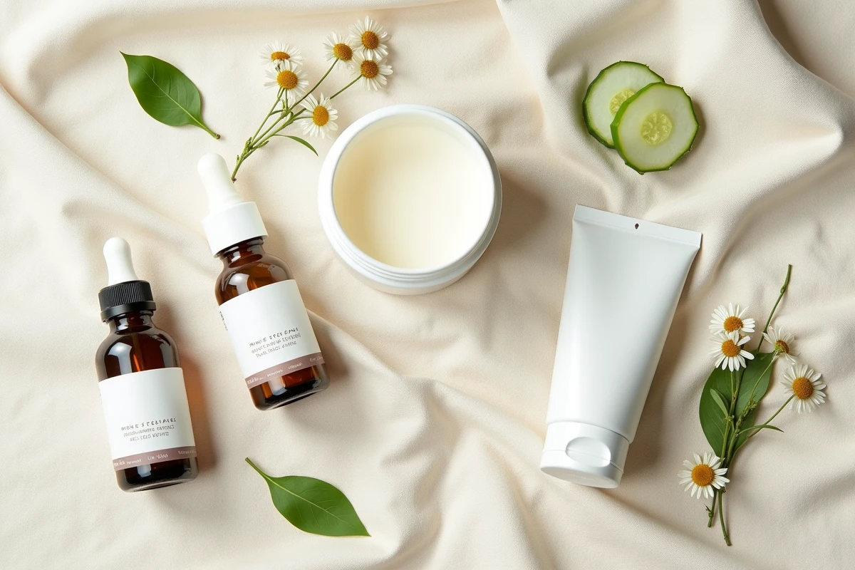 Flatlay de produits de soin naturels Zaturelle adaptés aux peaux sensibles sur fond de lin
