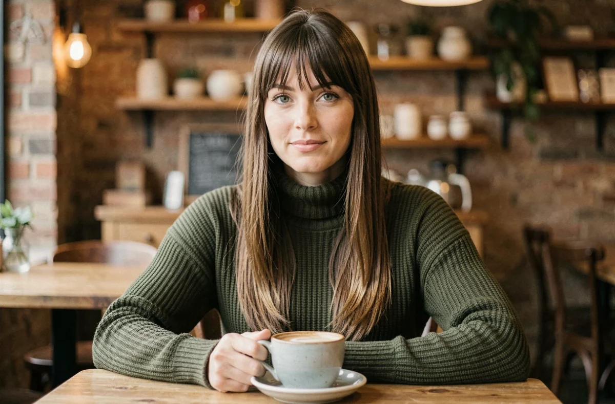 Femme brune aux cheveux longs et frange rideau assise dans un café rustique avec une tasse de café en céramique