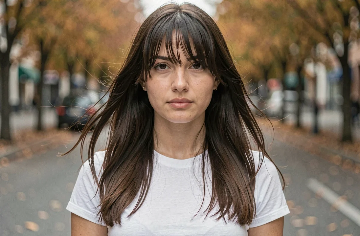 Jeune femme brune aux cheveux longs avec une frange rideau volumineuse photographiée en extérieur dans un boulevard arboré en automne