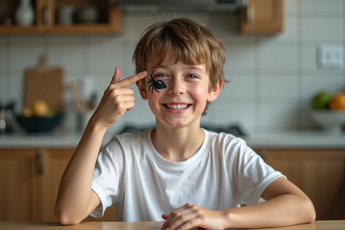 Garçon enthousiaste montrant son maquillage araignee dans la cuisine