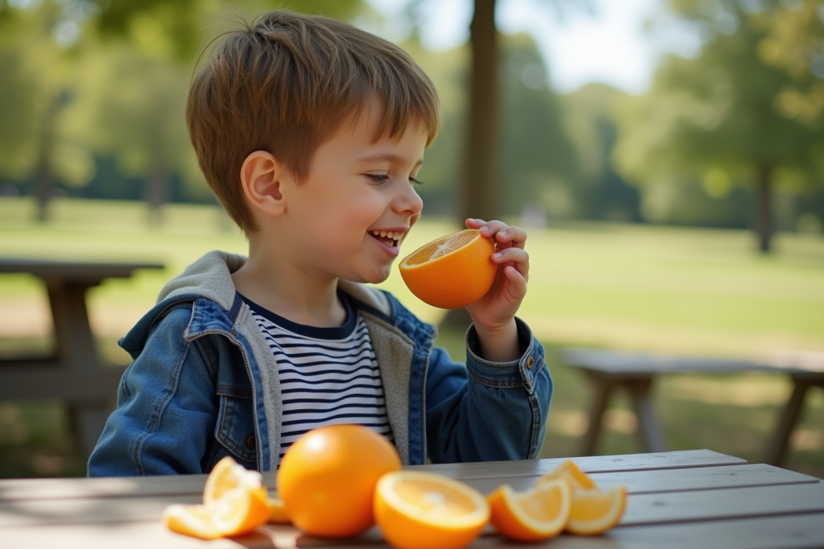 Jeune garçon sentant une orange dans un parc ensoleille