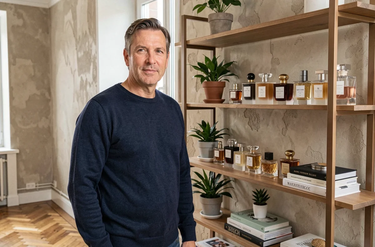 Homme devant une étagère organisée de flacons de parfum dans un appartement parisien illustrant une garde-robe olfactive masculine