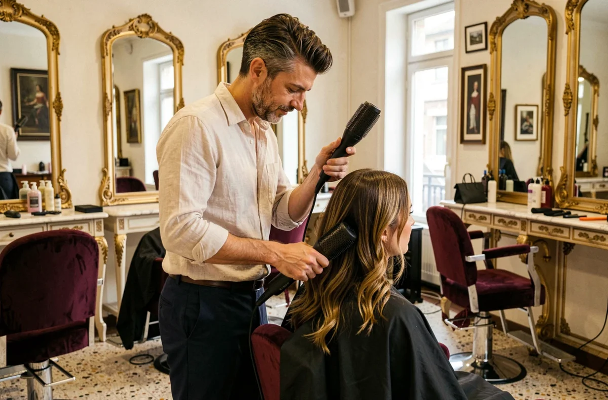 Styliste coiffeur dans un salon élégant d'inspiration italienne à Grenoble, coiffant une cliente avec soin