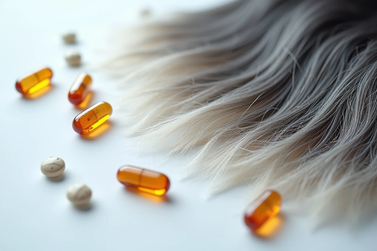 Gros plan de mèches de cheveux blancs et gris mêlées à des cheveux foncés sur fond blanc avec des capsules de vitamines, illustrant les carences liées à la dépigmentation capillaire