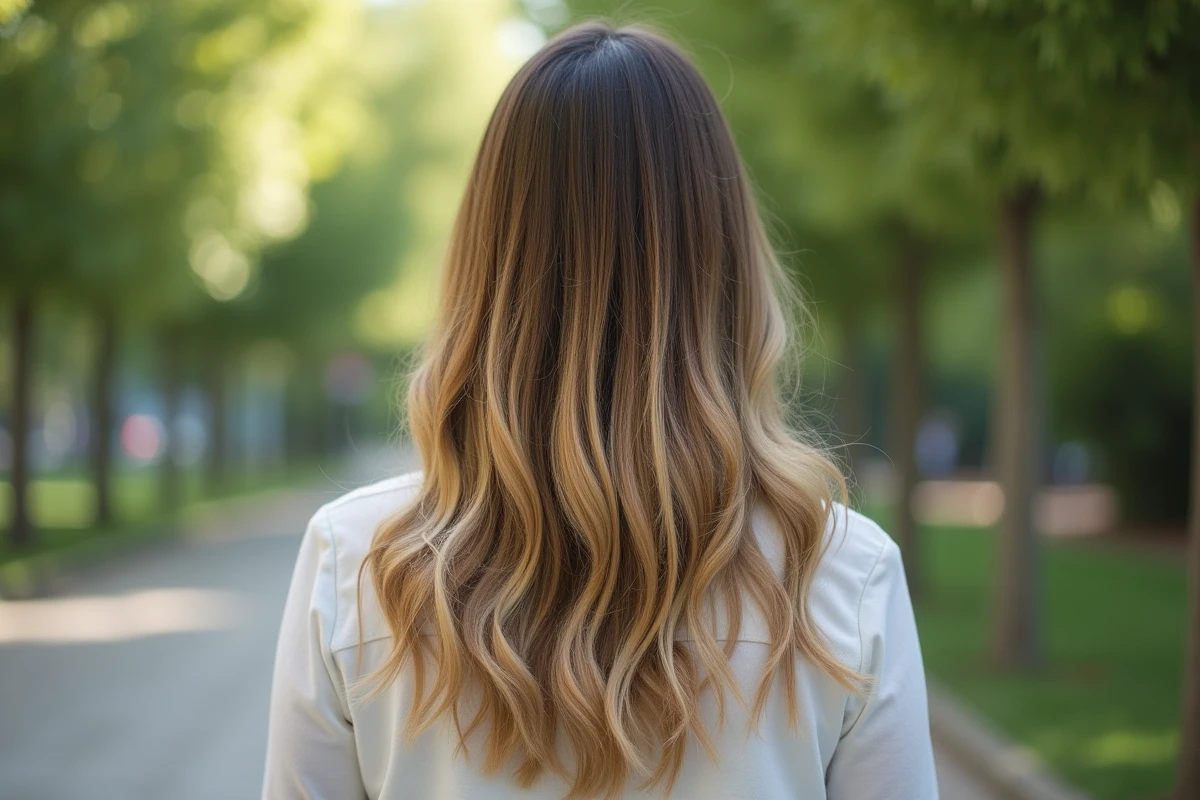 Gros plan sur une coupe dégradée cheveux mi-longs vue de dos, mouvement naturel des couches et finitions légères
