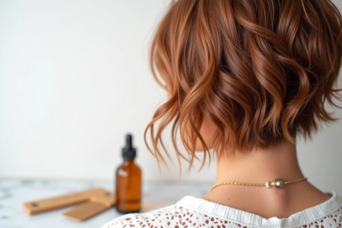 Gros plan sur une mini vague délicate dans des cheveux courts fins colorés avec des produits de soin capillaire après coloration