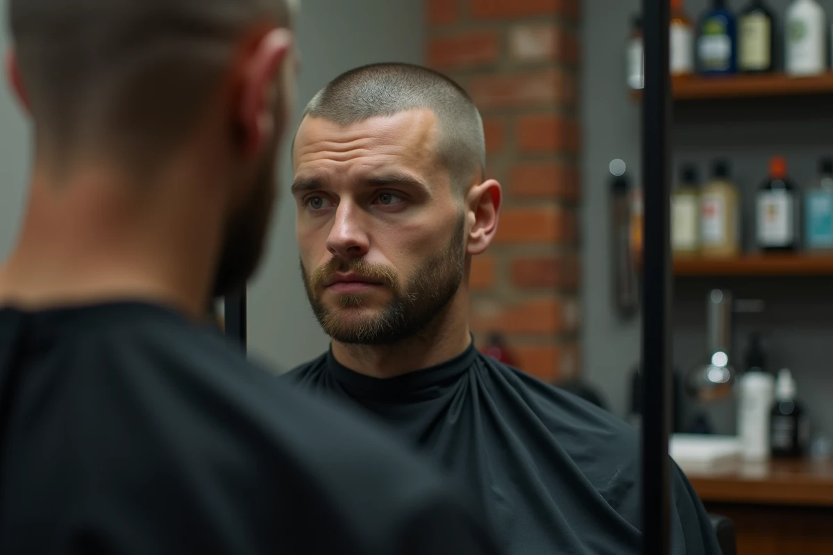 Homme aux cheveux coupés en buzz cut à 3mm assis dans un fauteuil de barbier, miroir en arrière-plan, coiffure rasée nette et uniforme