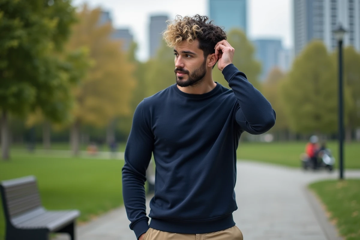 Homme sportif avec cheveux bouclés dans un parc urbain