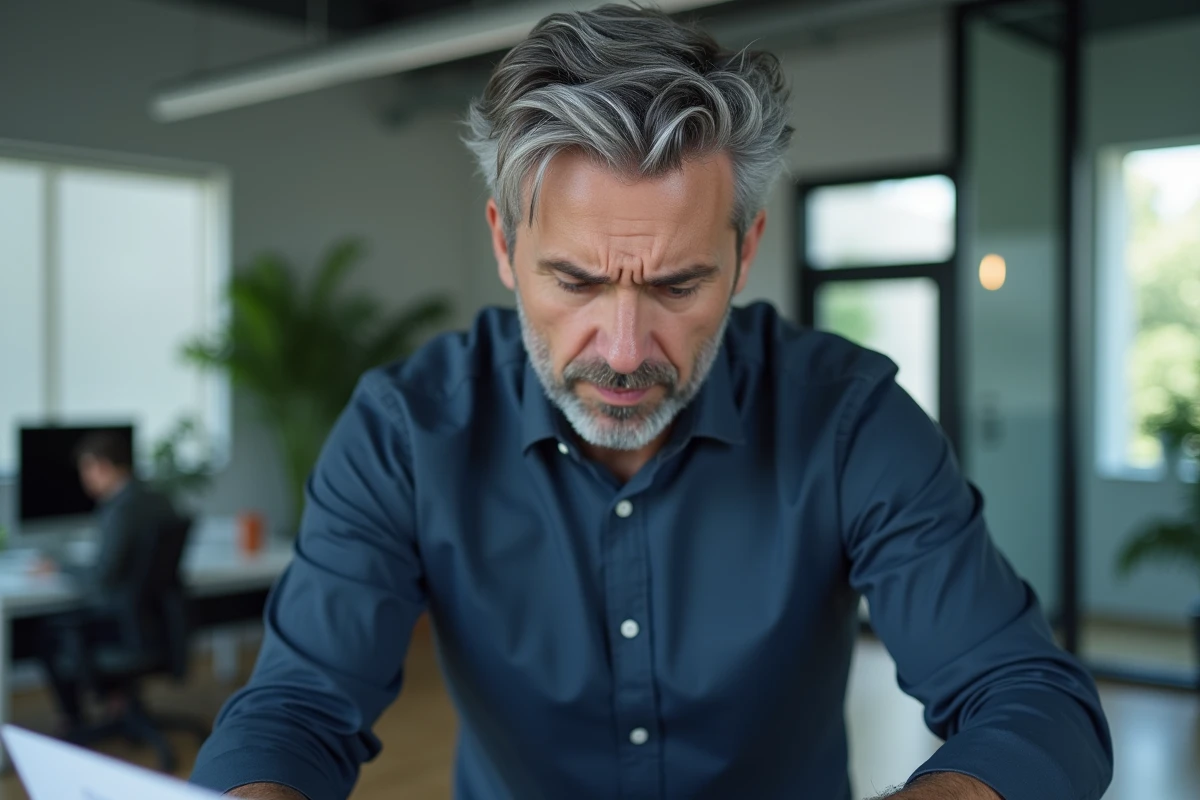 Homme de 38 ans avec des tempes grisonnantes et blanchissantes dans un bureau, illustrant le lien entre stress professionnel et apparition prématurée de cheveux blancs