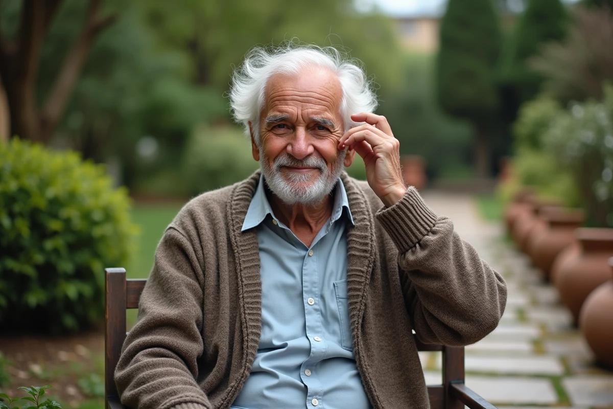 Homme âgé avec cheveux henné dans un jardin