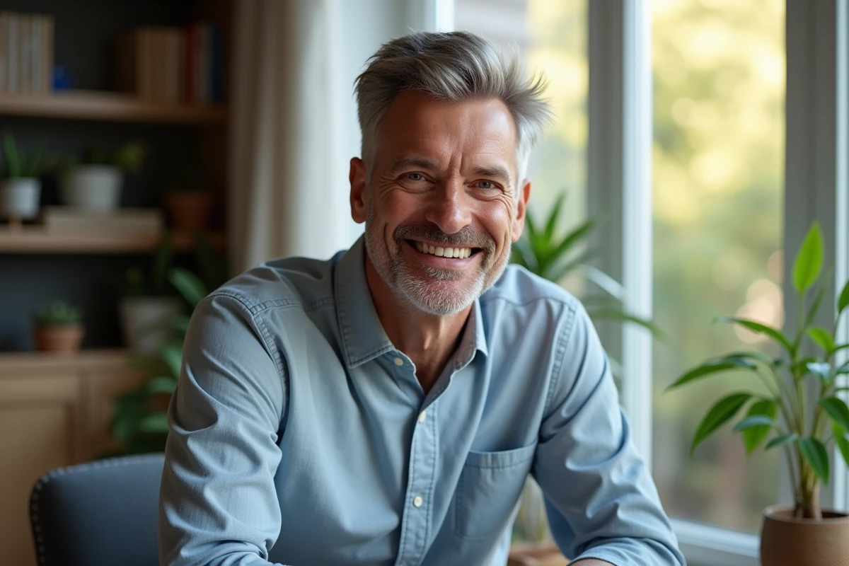 Homme confiant après une coupe de cheveux à la maison