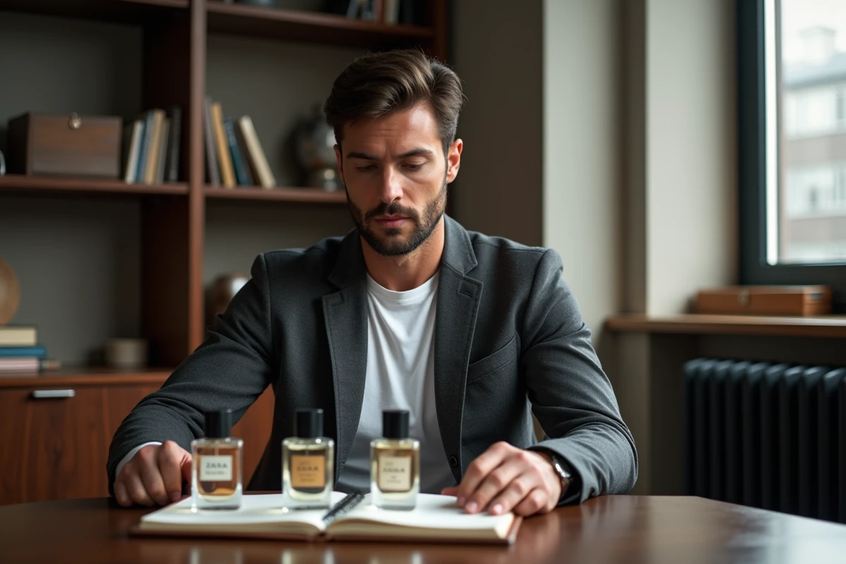 Homme élégant comparant plusieurs flacons de parfum Zara sur un bureau en bois, évaluant les dupes de parfums de luxe masculins