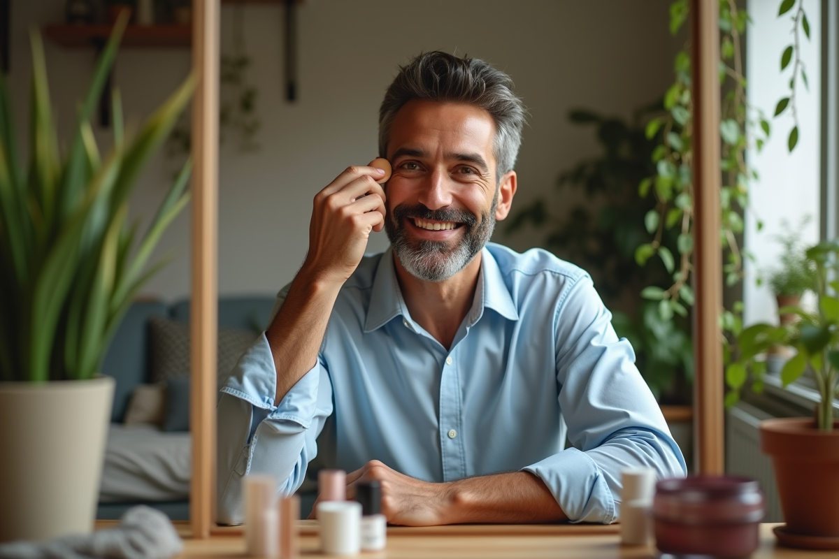 Homme se maquillant avec des produits sur une coiffeuse