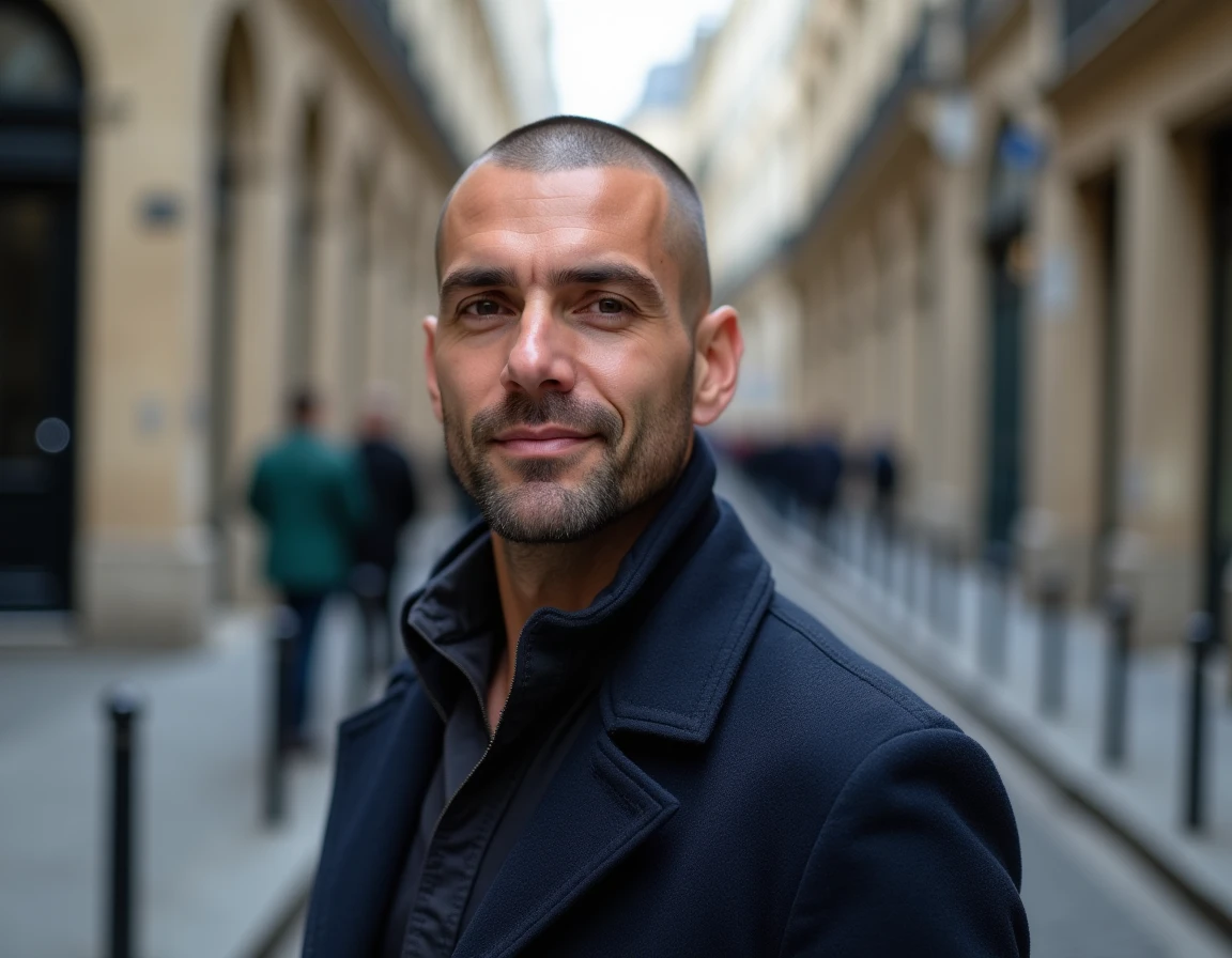Homme avec coupe casquette lisse dans une rue parisienne en manteau bleu marine