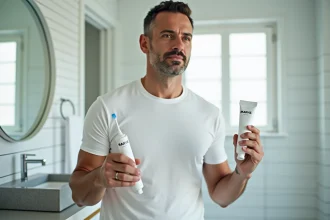 Homme tenant un tube de dentifrice MARVIS dans une salle de bain moderne, illustrant une routine bucco-dentaire pour fumeurs