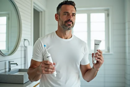 Homme tenant un tube de dentifrice MARVIS dans une salle de bain moderne, illustrant une routine bucco-dentaire pour fumeurs