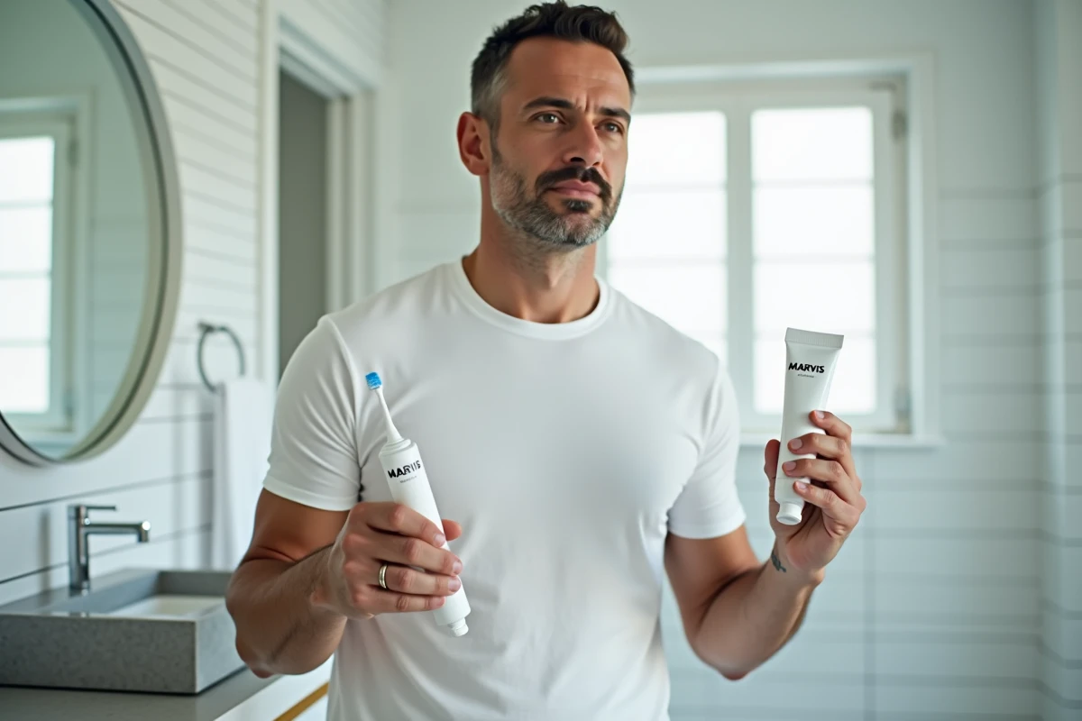 Homme tenant un tube de dentifrice MARVIS dans une salle de bain moderne, illustrant une routine bucco-dentaire pour fumeurs