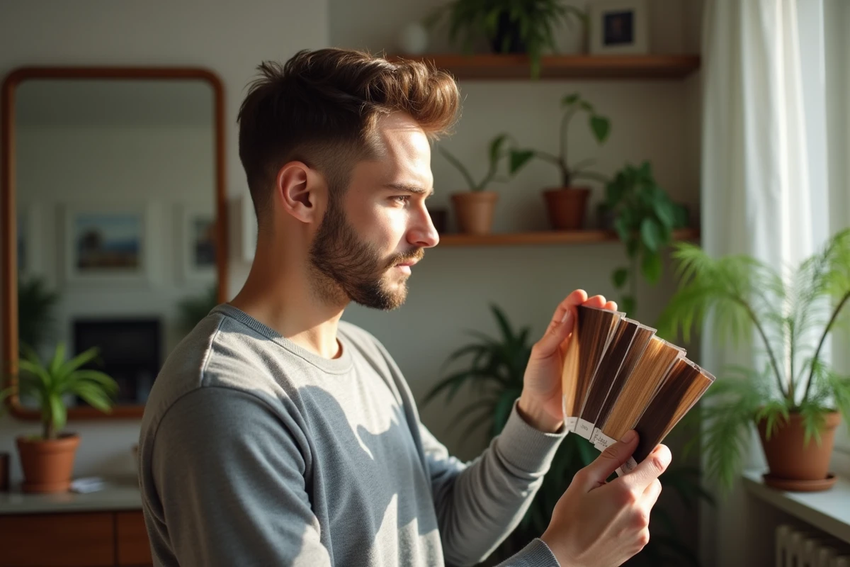 Homme examinant échantillons de couleur de cheveux