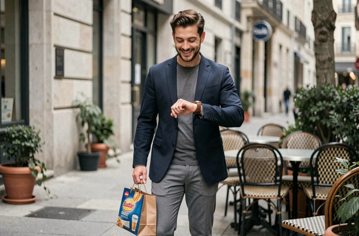 Homme élégant et décontracté devant un café parisien tenant un sac de courses Lidl, illustrant le bon rapport qualité prix du parfum du quotidien