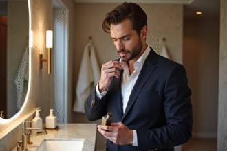 Homme en blazer appliquant cologne dans une salle de bain élégante
