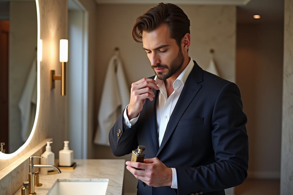 Homme en blazer appliquant cologne dans une salle de bain élégante