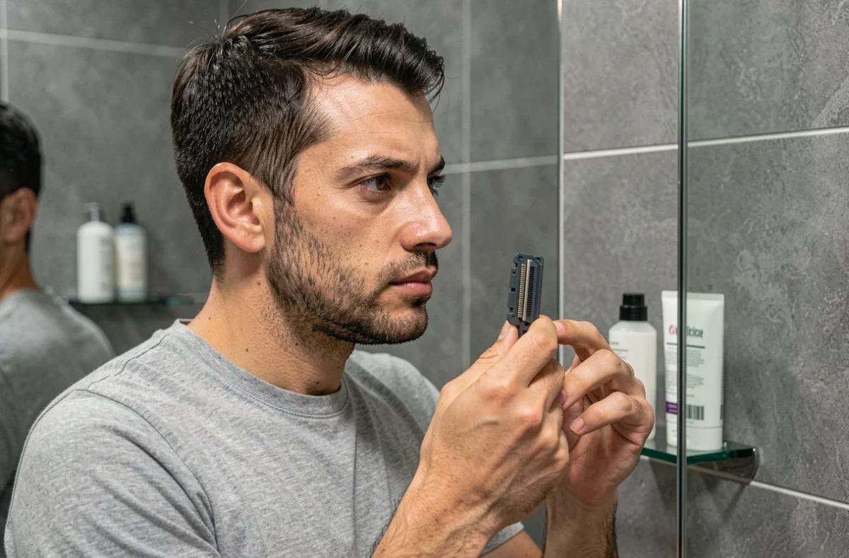 Homme examinant une lame de remplacement compatible pour rasoir rotatif OneBlade 360 devant un miroir de salle de bain