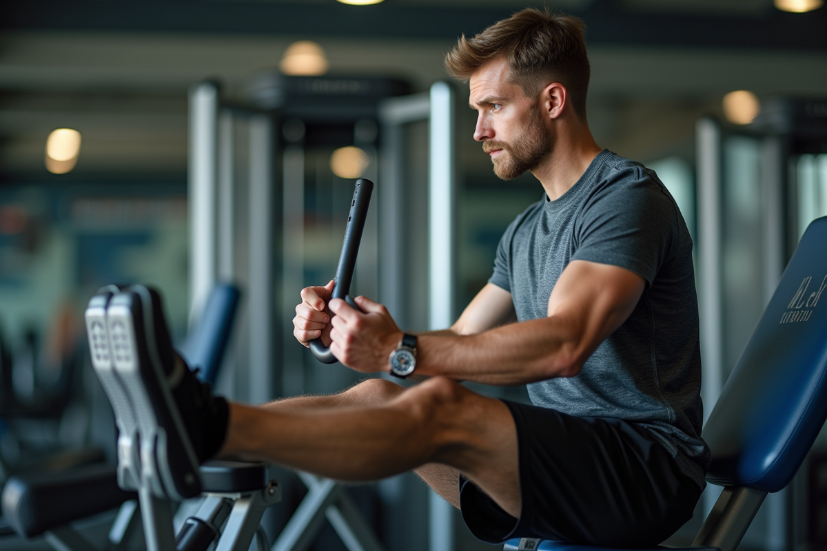 Homme faisant des extensions de jambes au gym