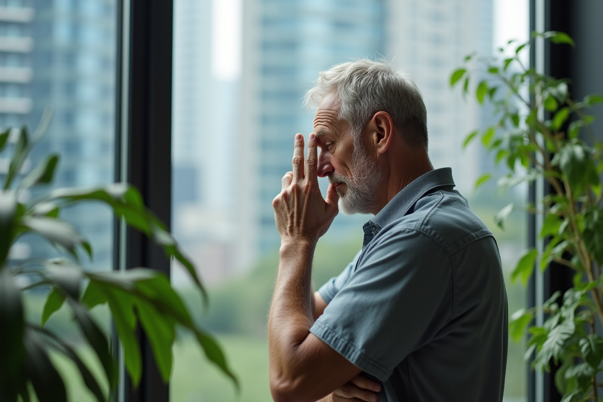 Homme regardant ses rides dans un cadre urbain intérieur