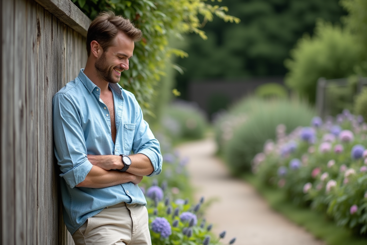 Jeune homme souriant dans un jardin fleuri en été