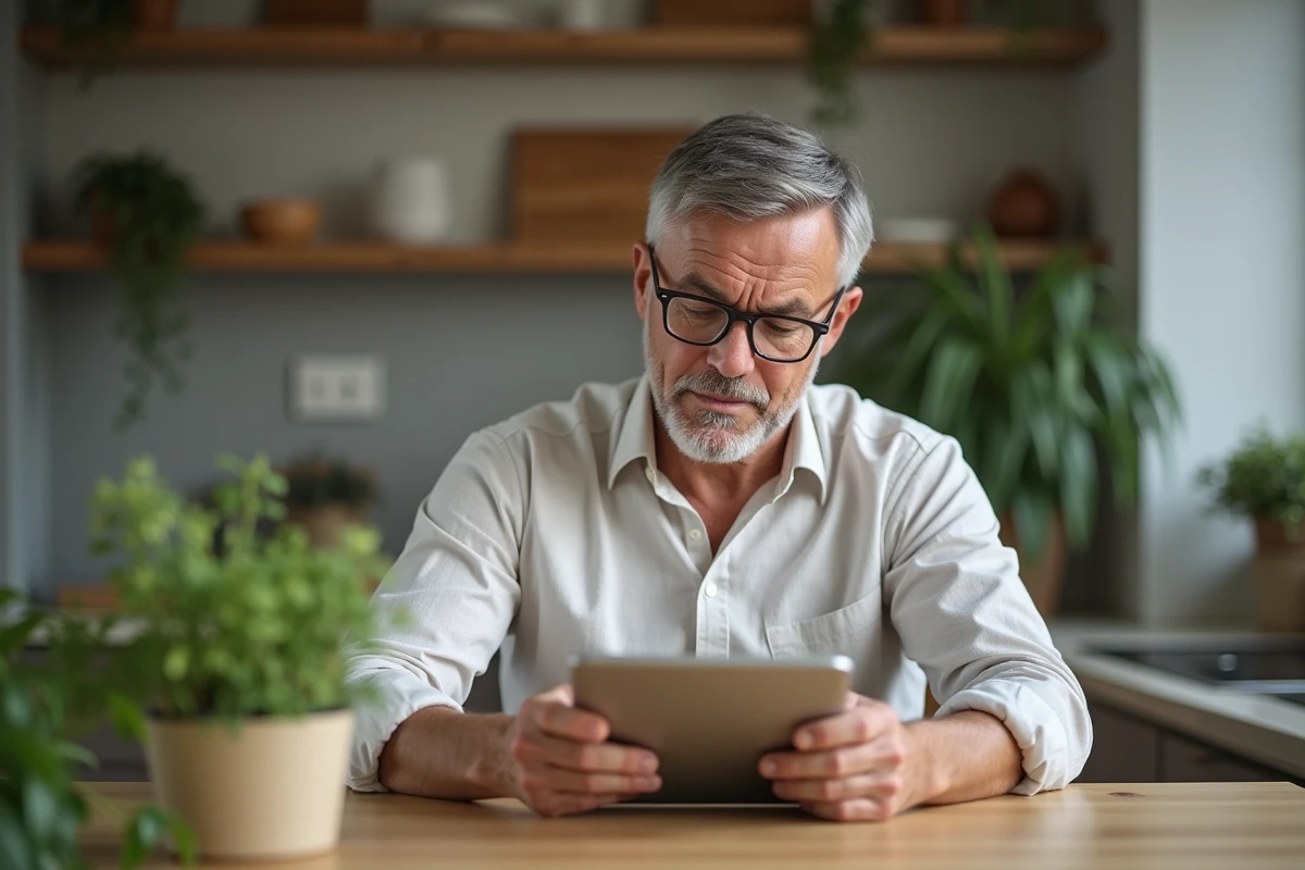 Homme méditatif lisant des avis produits à la cuisine