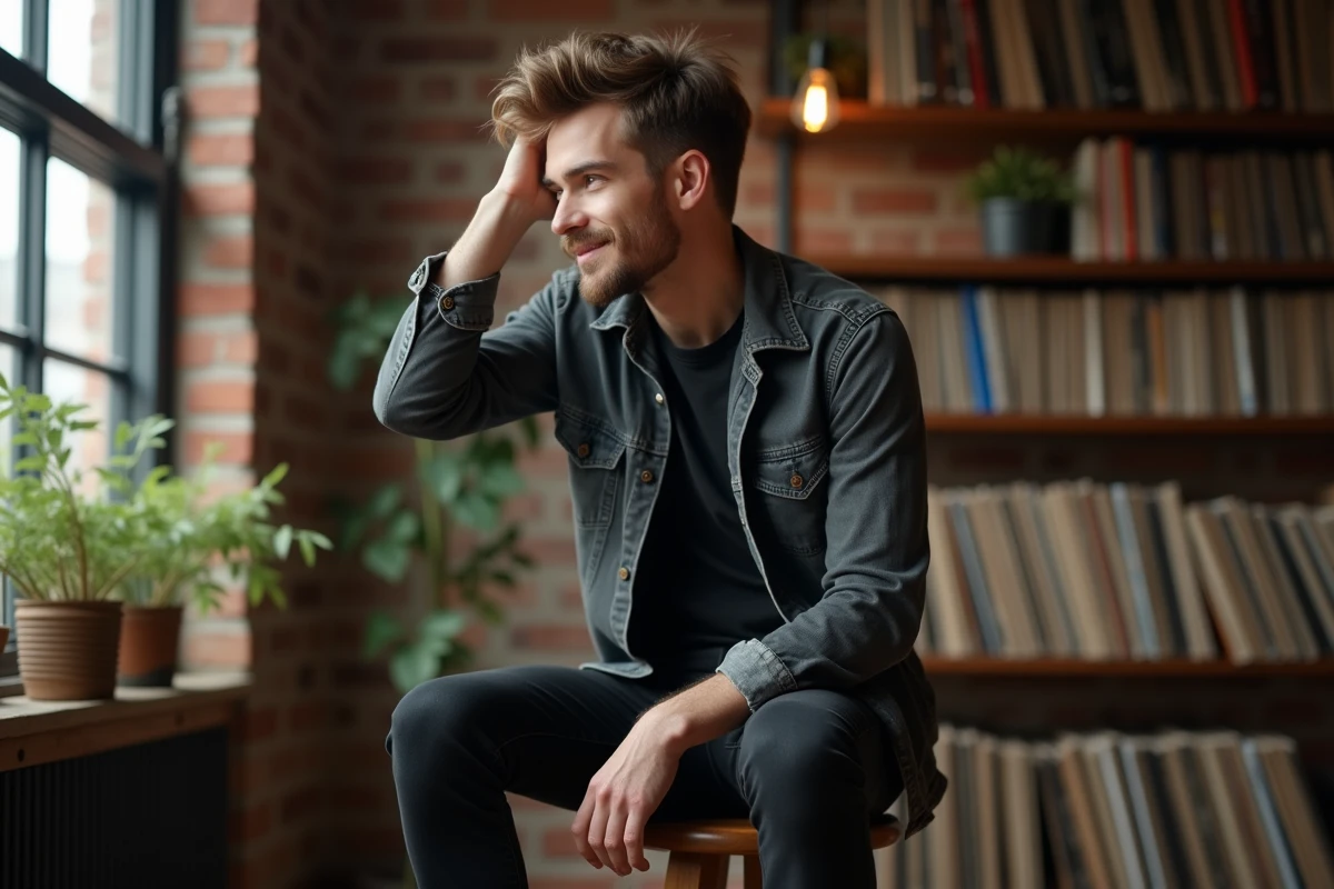 Homme en denim dans un loft cosy avec vinyles et briques