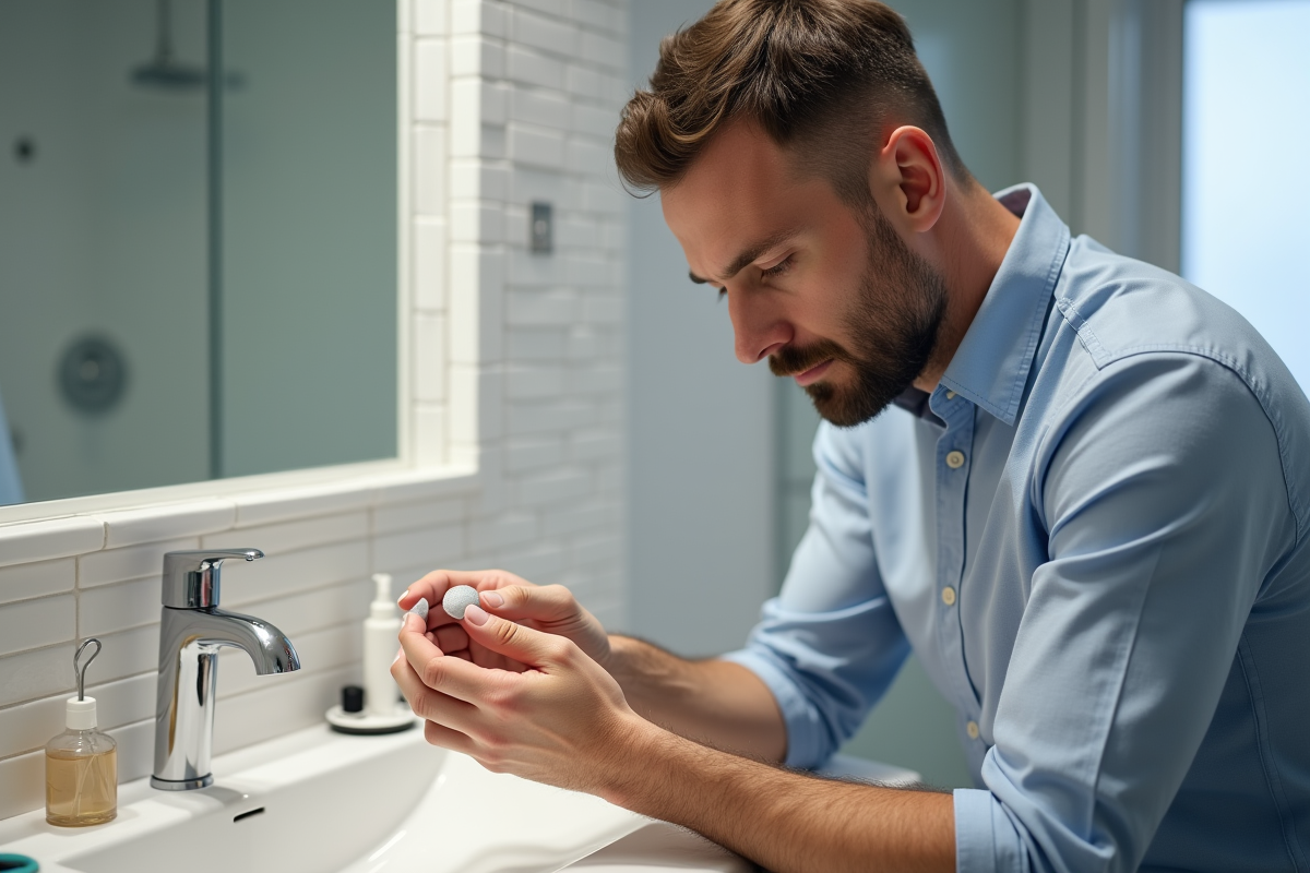 Homme tient un faux ongle en regardant sa main dans la salle de bain