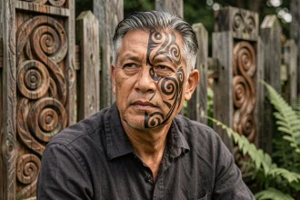 Portrait d'un homme māori portant un tā moko facial traditionnel, assis près de sculptures en bois ancestrales en Nouvelle-Zélande