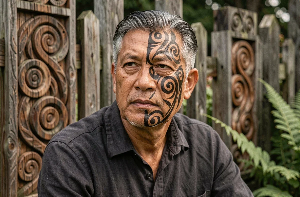 Portrait d'un homme māori portant un tā moko facial traditionnel, assis près de sculptures en bois ancestrales en Nouvelle-Zélande