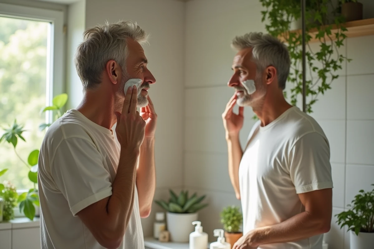 Homme massant son visage avec des huiles naturelles