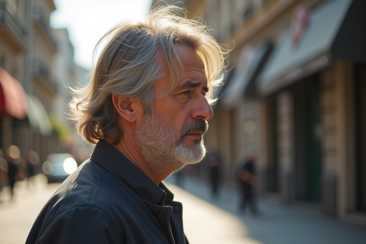 Homme mature aux cheveux ondulés en extérieur urbain