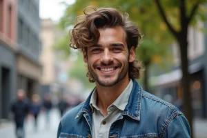 Jeune homme à la coiffure mullet en ville dynamique