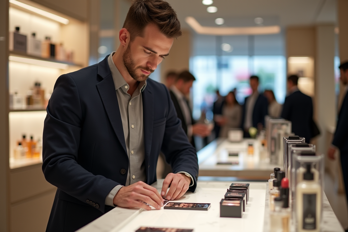 Jeune homme testant parfum dans un comptoir de luxe