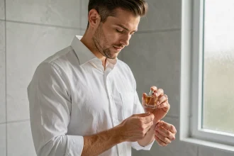 Homme appliquant un parfum Lidl abordable sur son poignet dans une salle de bain moderne et minimaliste, routine matinale quotidienne