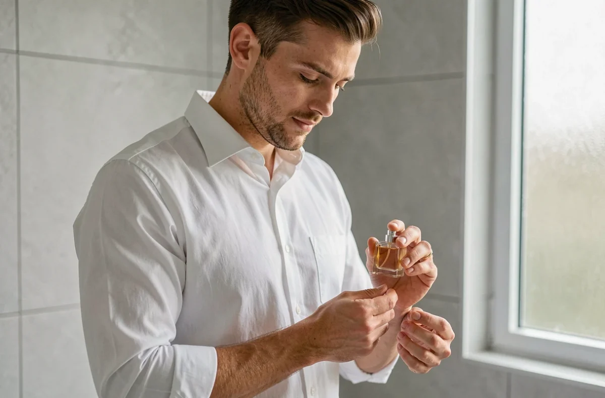 Homme appliquant un parfum Lidl abordable sur son poignet dans une salle de bain moderne et minimaliste, routine matinale quotidienne