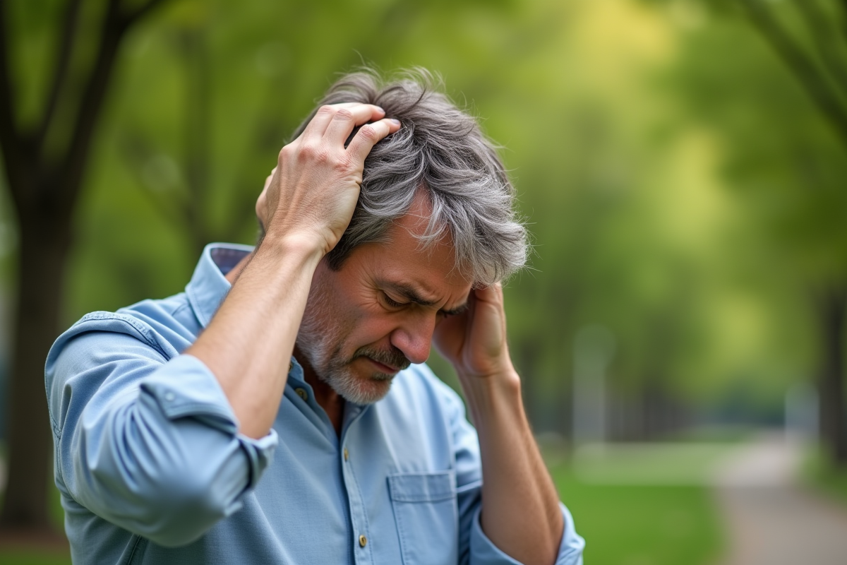 Homme se touchant les cheveux en pleine nature