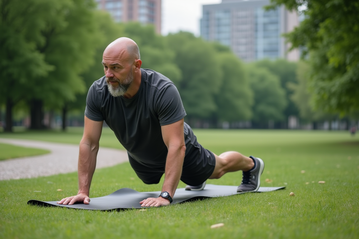 Homme en planche dans un parc urbain verdoyant