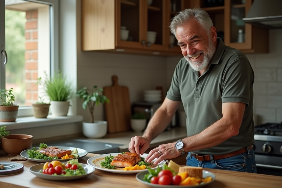 Homme préparant un repas dans une cuisine chaleureuse