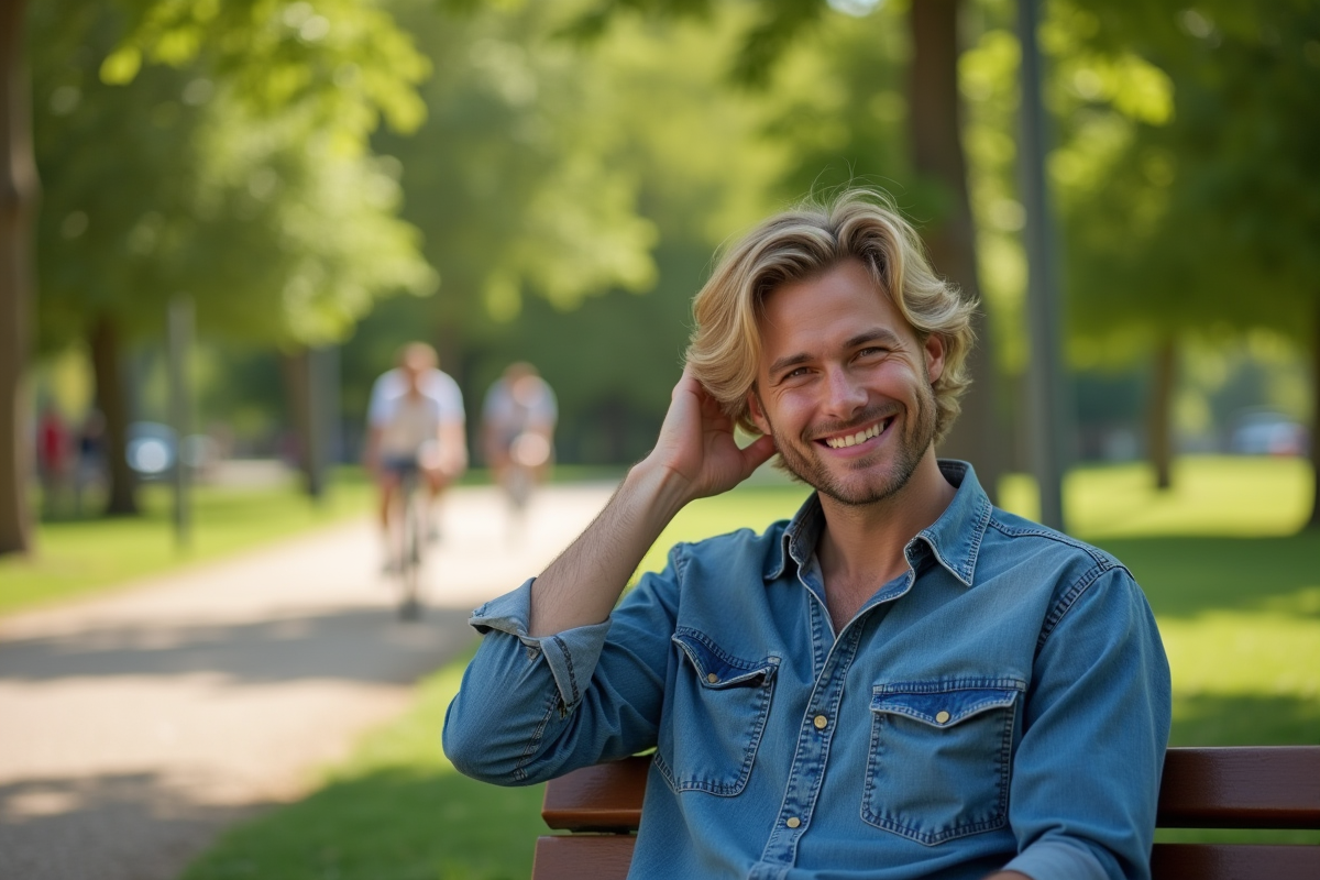 Homme souriant assis sur un banc dans un parc ensoleille