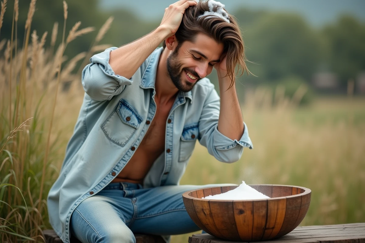 Homme appliquant du shampoing naturel dans un cadre extérieur rustique