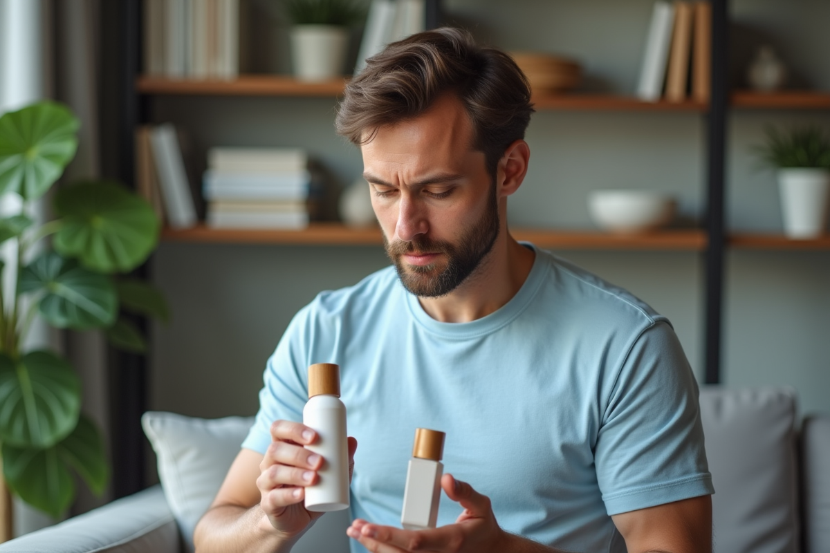 Homme examinant des bouteilles de soins dans un salon moderne