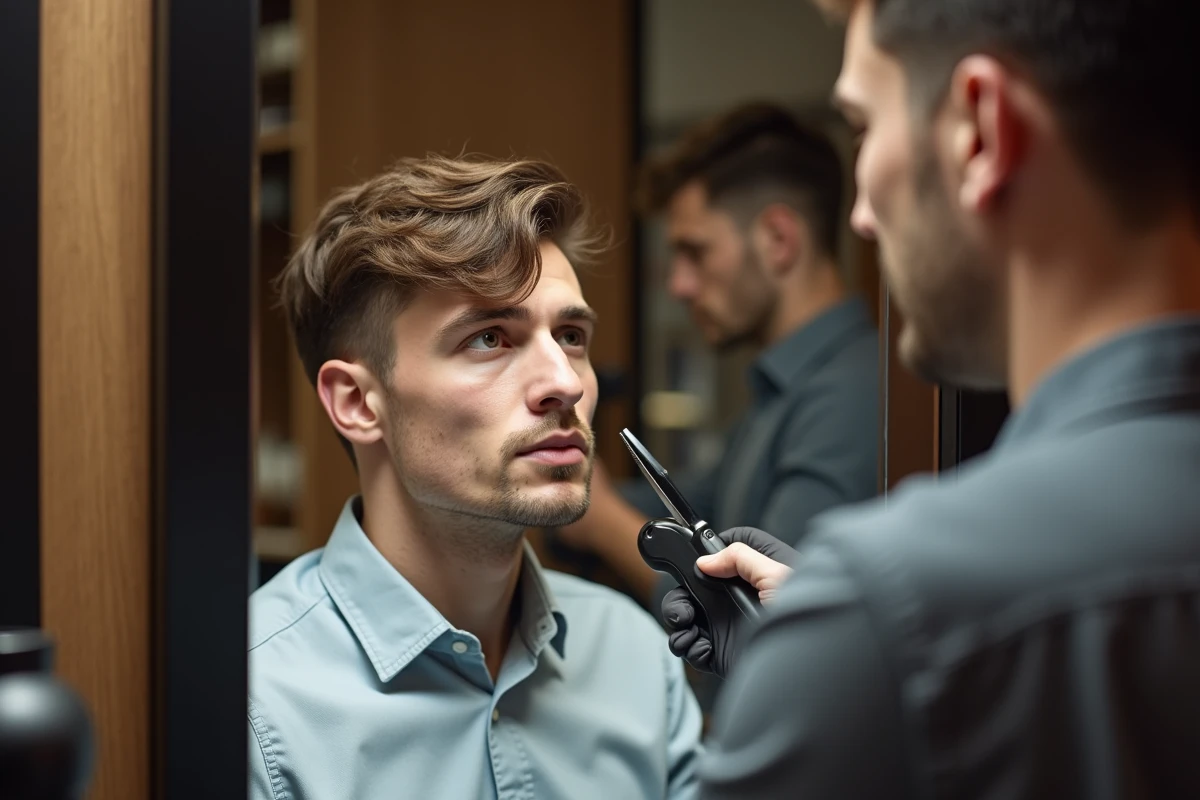 Homme élégant en salon de coiffure regardant dans le miroir